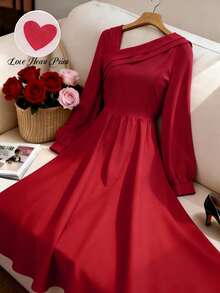 GlowEve Vestido de mujer con cuello asimétrico rojo, cintura ceñida y diseño de línea A, elegante y versátil para uso diario, ir al trabajo, citas, fiestas, Año Nuevo, negocios, primavera/otoño-invierno temprano - Rojo - Ver 7