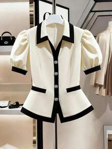 SHEIN Franclia 女款黑白對比色收腰短版襯衫，優雅夏季法式風格辦公室女裝時尚專業西裝外套 - 杏色 - 查看 3