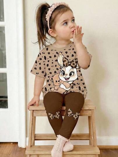 SHEIN 2pcs/Set Cute Rabbit & Leopard Print Top And Leggings Set, Casual Loose Round Neck Short Sleeve T-Shirt And Tight Pants Outfit For Baby Girls, Suitable For Spring/Summer Daily Wear, Travel, Matching, Home, Vacation, Outdoor, Farm, Chill Chill