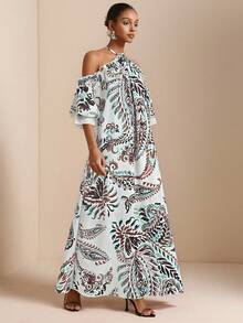 SHEIN Veneréa 花卉数码印花露背吊带露肩短袖荷叶边袖露背蝴蝶结宽松长款连衣裙 - 彩色 - 查看 4