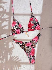 Swim Vcay New Leopard Print Halter Backless Top And Side Tie High Cut Thong 2 Piece Swimsuit Set, Women Beach Holiday Bikini - Multicolor - View 1