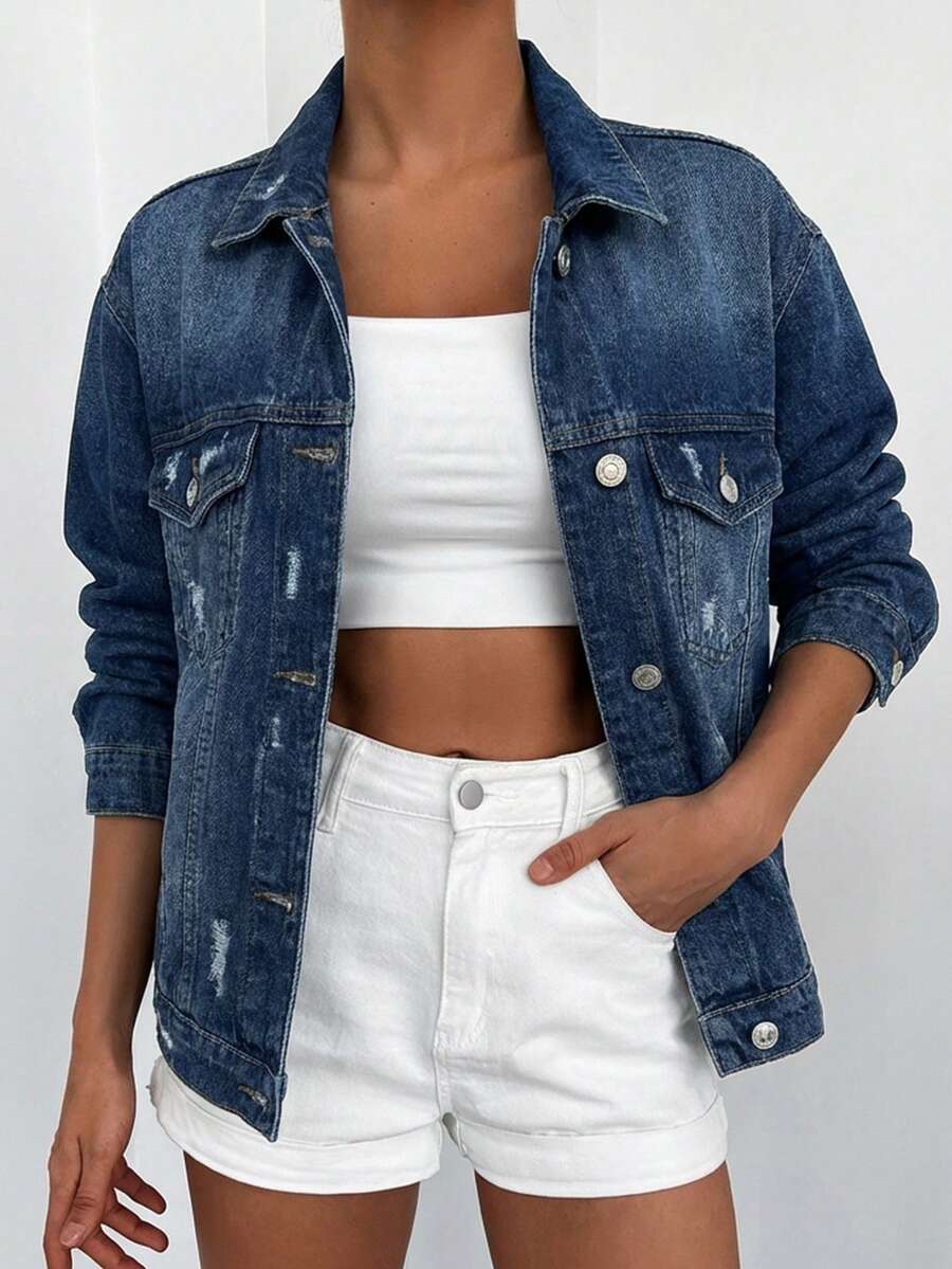 Cottnline 98%Cotton Flap Pocket Ripped Drop Shoulder Denim Jacket - Dark Wash - View 1