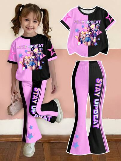 2pcs/Set Girls Casual Fashion T-Shirt And Flare Pants Outfit, Cool Star Print, Cartoon Character Design, Suitable For Spring, Summer, Autumn, Winter, School, Outdoor, Party, Gift