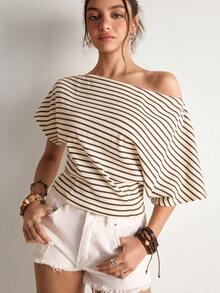 Freevana 波西米亚风罗纹露肩休闲T恤，针织修身短款宽松上衣，性感露肩短款百搭上衣 - 彩色 - 查看 3