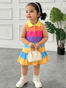 SHEIN Baby Girl Casual & Homewear Cute Rainbow Striped Button Front Ruffle Hem A-Line Dress T-Shirt Dress Polo Dress - Multicolor - View 4
