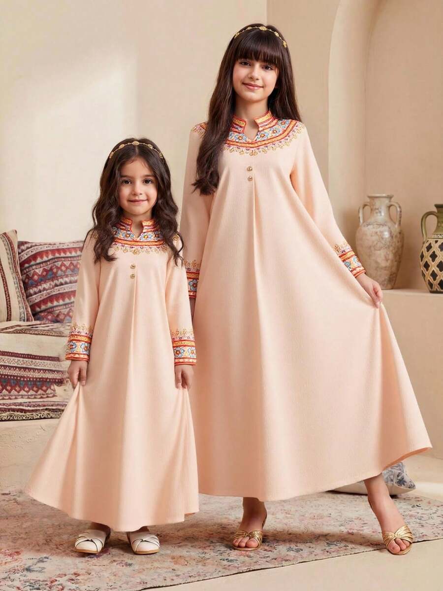 Teen Girl Half-Zip Long Sleeve Casual Ruffle Hem Elegant Vintage Dress Teenager Dress Abaya Long Modest Dresses For Girls And Ladies Teen Modest Dress Muslim Girl Dress Islamic Clothing Girls Modest Dresses Girls Muslim Girl Clothes Abaya Girls Embroidered Dress Girls Arabic Dress For Girls Mummy And Daughter Dress Modest Dress For Girls Mom Daughter Matching Dresses - Apricot - View 1
