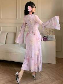 DAZY 春夏花卉蕾丝印花优雅长裙，适合情人节、婚礼、派对、正式场合，修身连衣裙 - 紫色 - 查看 6