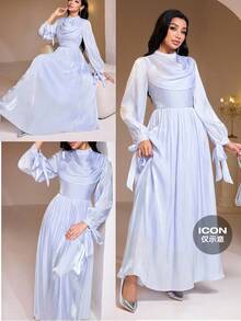 Veilorie 女士纯色立领长袖褶皱优雅阿拉伯连衣裙 - 藍色 - 查看 8