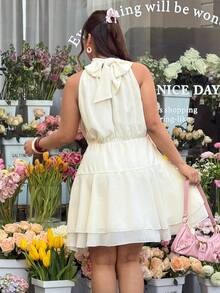 GalTyme Đầm dự tiệc dáng suông màu trơn thanh lịch dành cho nữ cỡ lớn, thích hợp cho mùa xuân/hè. - Màu be - Xem 2