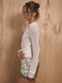 MUSERA V Neck Lace Trim Cinched Waist Button Through Cardigan Winter NewYear Cute Sexy Going Out Evening Party Accented Valentines Day - Cream - View 3