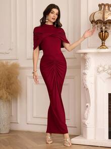 Modelyn Women's Luxury Burgundy Off-Shoulder Ruched Fitted Maxi Evening Dress - Burgundy - View 7