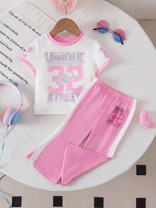 SHEIN Babygirl Cute Pink Letter Graphic Short Sleeve T-Shirt & Elastic Waist Pants Set, Summer - Multicolor - View 2