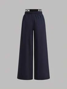 SHEIN Girlism Kids Teen Girls' Navy Blue 2 Piece Set,Sporty Streetwear Summer Retro Short Sleeve T-Shirt And Loose Wide Leg Pants,Back-To-School Graduation Outfit - Blue and White - View 9