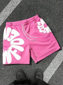 SLATEMANN Men's Casual Letter Print Drawstring Waist Shorts, Summer - Pink - View 4