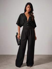 COSMINA Women's Elegant Batwing Sleeve Ruched Metal Button V-Neck Blouse - Black - View 5