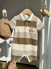 SHEIN 2件套新生儿男女通用休闲可爱条纹卡通图案翻领短袖连体衣，含帽子，适合生日派对、锐舞派对、晚宴、表演、婚礼、满月、洗礼和一周岁生日庆祝活动。 - 彩色 - 查看 4