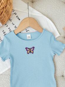 SHEIN 女婴可爱针织休闲弹力荷叶边刺绣图案短袖连衣裙 - 藍色 - 查看 4