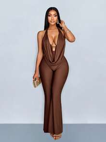 SOLERSUN Women's Jumpsuit, Sexy And Elegant, Suitable For Commuting, Simple Design, With A Ruffled Neck, Brown Knit Fabric, Spring/Summer Women's Wear, Beach Vacation, Date.