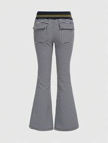 ROMWE Grunge Punk Spring/SummercasualNautical Navy Style Metal Chain Pendant Retro Flare Leg Low Waist Pants - Blue and White - View 2