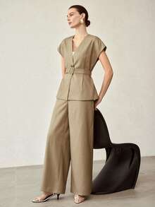 MOTF PREMIUM 2PCS WOMEN'S FASHION V-NECK BELTED VEST AND WIDE LEG PANTS SET, SUITABLE FOR COMMUTING, SPRING/SUMMER - Army Green - View 6