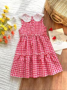 Vintaside Kids Girls' Sleeveless Lace Collar Plaid Casual Dress, Suitable For Traveling, Vacation, Camping Or Daily Outings - Red - View 2