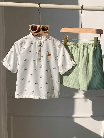 SHEIN 2件套 男童卡通椰树图案立领短袖半拉链套头衫和松紧腰纯色短裤