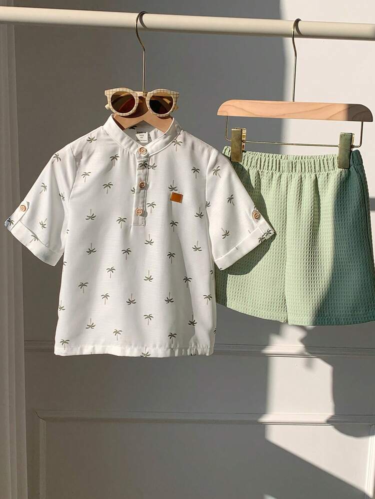 SHEIN 2件套 男童卡通椰树图案立领短袖半拉链套头衫和松紧腰纯色短裤 - 白色 - 查看 7