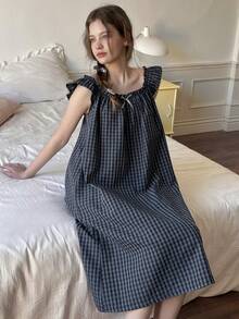 DAZY Teen Girls' Comfortable Plaid Print Bow Decor Nightgown For Everyday Wear Spring - Navy Blue - View 5