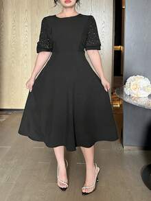 Dazy Plus 优雅水钻装饰纯色收腰灯笼袖短袖长款连衣裙，适合约会、大码、春夏连衣裙 - 黑色 - 查看 5