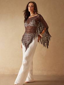 Silquee Women's Brown Summer Boho Beach Holiday Semi-Sheer Knit Sequined Openwork Crochet Cape Top With Fringed Hem,Perfect For Vacation&Pool Party,Holiday - Coffee Brown - View 7