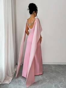 Elenzga 优雅无袖高开衩缎面长裙，后背饰有缎带和镂空珍珠链，精致优雅，适合度假、婚礼、派对、约会、时尚场合，春夏皆宜。 - 粉色 - 查看 6