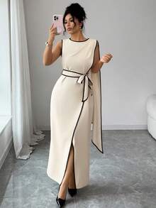 Elenzga Đầm ôm sát không tay, vạt bất đối xứng, thắt eo, phối màu tương phản, thiết kế tinh tế phù hợp cho công sở và phong cách cổ điển thời thượng, thích hợp cho mùa xuân/hè. - Màu be - Xem 6