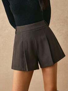 Poéselle Quần short nữ màu trơn cạp cao xếp ly, kiểu dáng thường ngày/công sở, quần short nữ thanh lịch, quần short đi biển, quần short thanh lịch mùa xuân/hè. - màu nâu - Xem 2