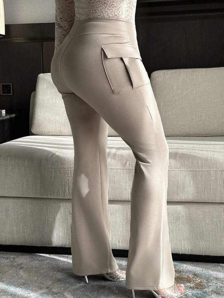 Dazy Plus Elastic Fitted Side Pocket Flared Leg Ankle Length Black Pants, All Season