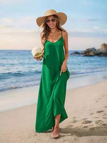 Sylviya 女士休闲露背长裙，适合度假 - 綠色 - 查看 5