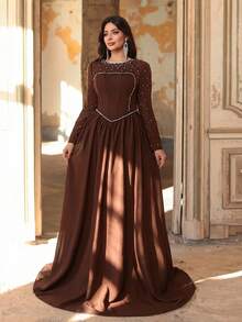 Aureia Plus Size Elegant & Dark Brown Spring Round Neck Crystal & Pearl Embellished A-Line Dress,Formal Party Wedding Evening Gown,Formal Occasion - Brown - View 5