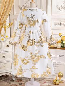 Đầm tay rộng cổ chữ V thanh lịch với họa tiết hoa thêu vàng, thích hợp cho bé gái vào mùa xuân/hè. - trắng - Xem 4