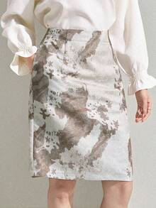 DAZY 提花数码印花直筒中长款优雅度假半身裙，女士春夏款 - 杏色 - 查看 3