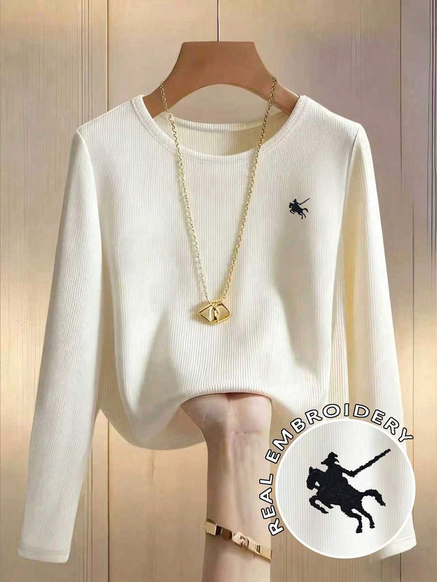 Franclia Embroidered Round Neck White Casual Slim Fit Long Sleeve T-Shirt - Apricot - View 1