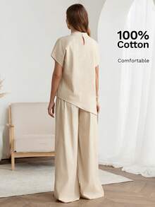 Easowa 100%纯棉杏色宽松女式两件套，立领蝙蝠袖短袖不规则下摆衬衫搭配长裤，保守时尚的套装，适合办公室、通勤和日常休闲穿着，春夏款。 - 杏色 - 查看 6