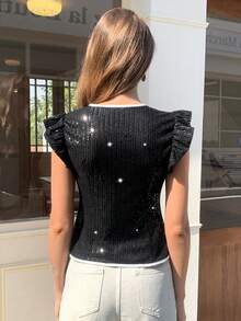 Elyressa 女士亮片撞色包边短袖衬衫，夏季夜店派对时尚之选 - 黑色 - 查看 2