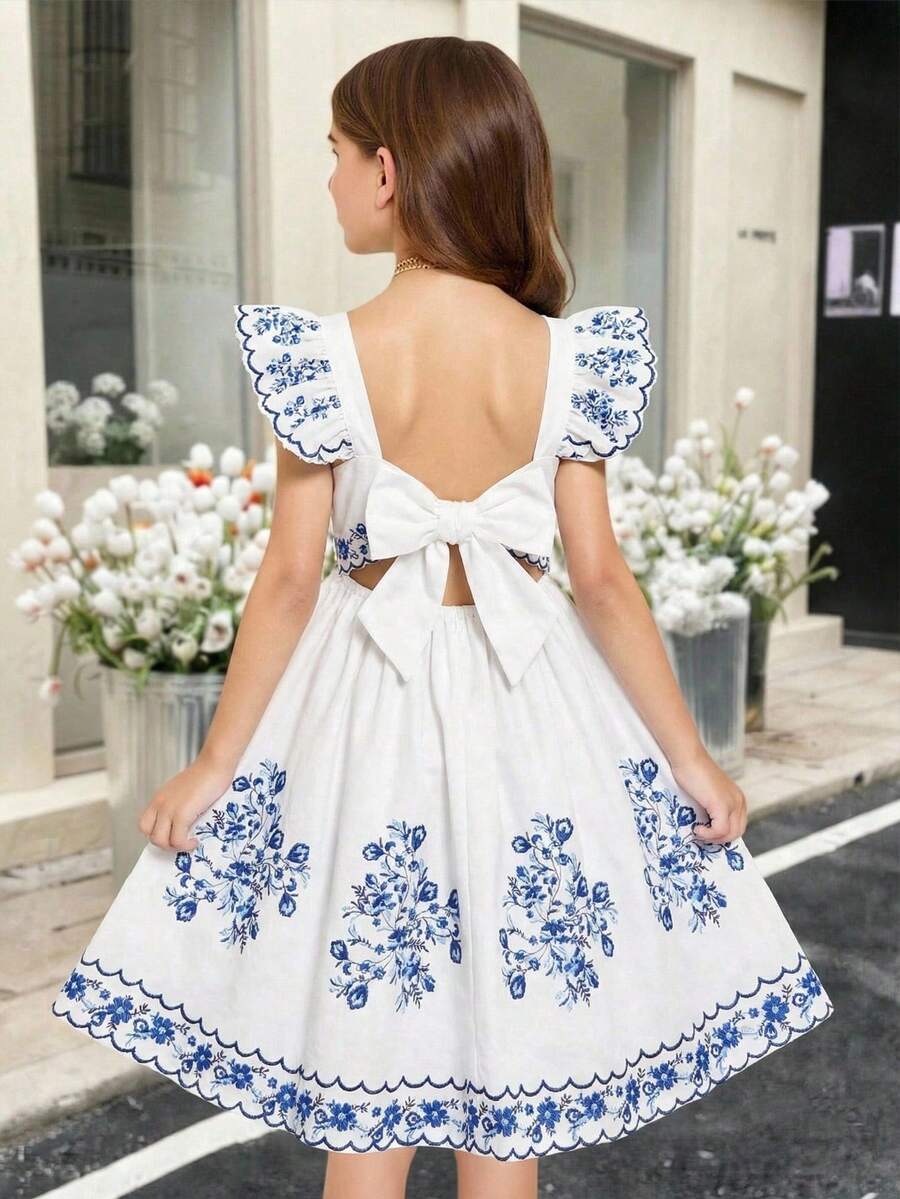 Leap Crew Tween Girls' Casual Round Neck Long Sleeve Dress - Blue and White - View 1