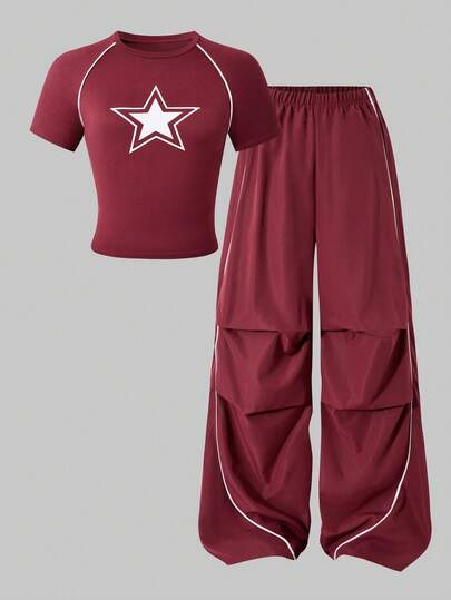 SHEIN 2pcs/Set Casual Versatile Burgundy T-Shirt & Wide-Leg Pants Set For Teen Girls, White Star Print & Drawstring Decor, Suitable For Walking, Shopping, School, Can Be Paired With Jacket, Vest