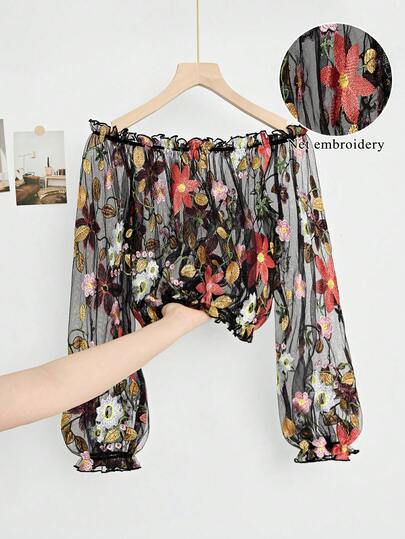 GlowEve Women's Fashion Sheer Mesh Crochet Embroidered Floral Off-Shoulder Lantern Sleeve Cropped Top