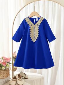 SHEIN Đầm dài tay dáng rộng thanh lịch và dễ thương màu đỏ cổ điển trang trí ruy băng vàng cho bé gái. - Màu xanh lam - Xem 10