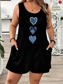 EMERY ROSE 大码休闲简约夏季爱心印花无袖连体裤 - 彩色 - 查看 1