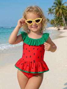 SHEIN Emery Rose Kids Young Girl Summer Holiday Beach Watermelon Print Ruffled Hem One-Piece Swimsuit Young Girl Summer Holiday Beach Watermelon Print Ruffled Hem One-Piece Swimsuit Watermelon Baby Swimsuit Watermelon Outfits For Baby Girl Baby Watermelon Bathing Suit Baby Girl Fruit Swimsuit Baby One Piece Swimsuit With Skirt - Red - View 2