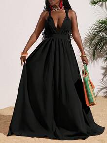 SHEIN Slayr Women's Sexy Solid Orange Deep V-Neck Backless Criss-Cross Tie Long Dress, Summer Vacation Wrap Around Dresses For Ladies Women Dress Deep V Neck Dress Maxi Dress Black Dress - Black - View 6