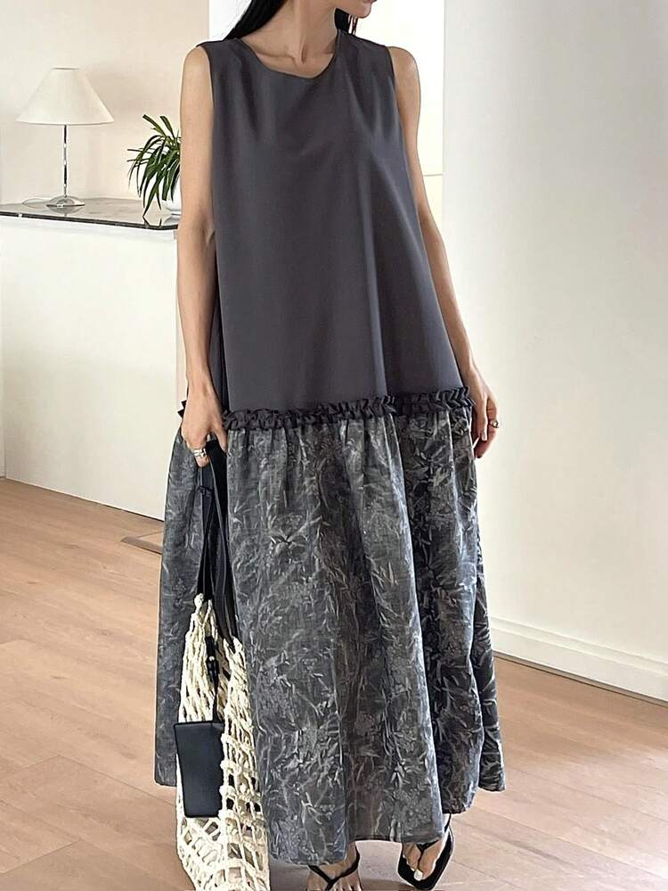 Women's Casual Patchwork Print Round Neck Sleeveless Dress, Summer Sun Dresses For Women