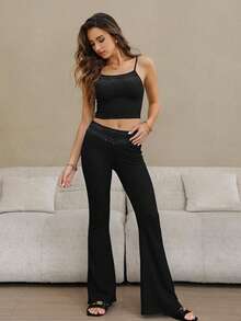 SHEIN Women's Solid Color Camisole And Flare Pants Casual Pajama Set - Black - View 1